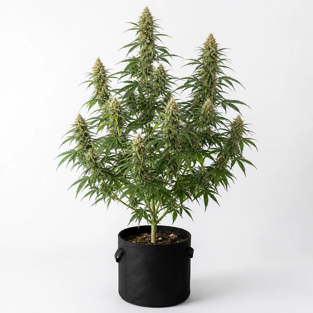 Ilustración de una planta de cannabis en floración con varias ramas y maceta negra, para la ficha de Shining Silver Haze.