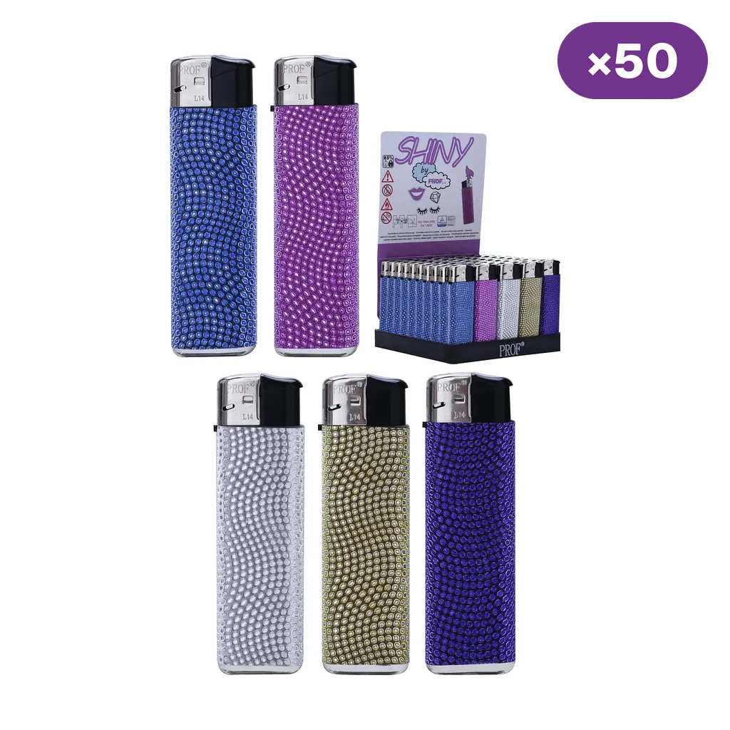 Selección de encendedores Shiny con relieve de puntos brillantes en varios colores, junto a un expositor y la indicación de 50 unidades.