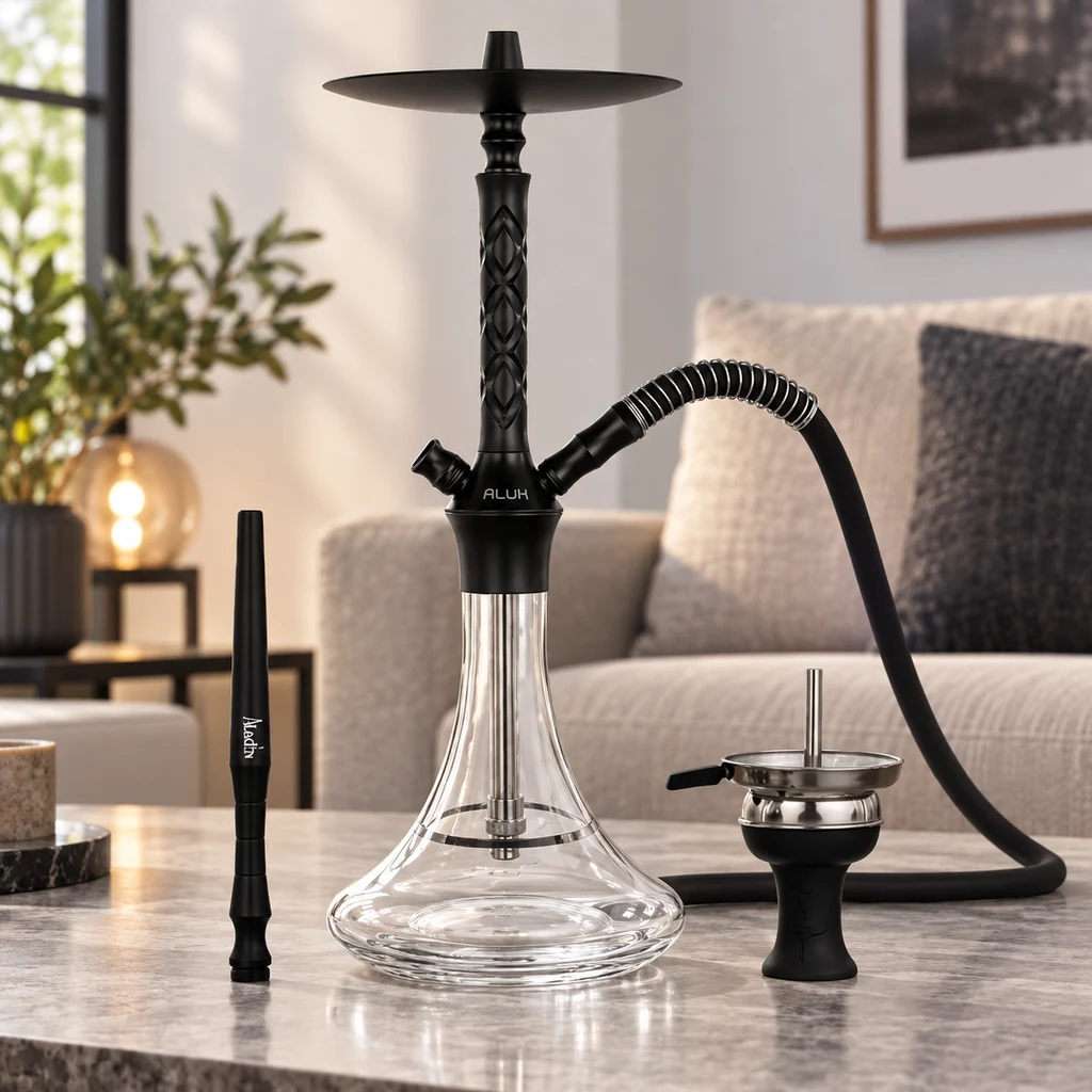 Cachimba negra con base transparente y manguera sobre una mesa; la boquilla y la cazoleta están colocadas a los lados.