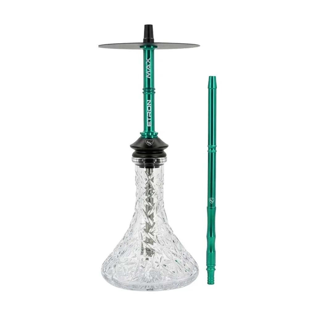 Shisha Cold Smoke Etron Max con mástil verde turquesa, plato gris y base transparente facetada, junto a una boquilla a juego.