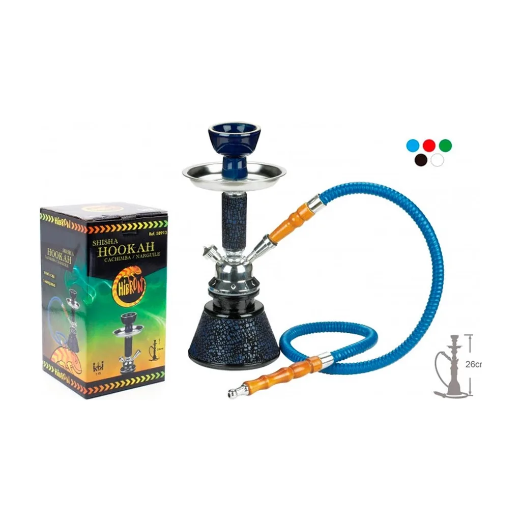 Shisha Hibron con base oscura, cazoleta azul, una manguera azul con boquilla naranja y caja al lado, sobre fondo blanco.