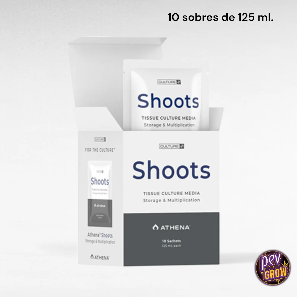 Caja abierta de Athena Shoots Culture Media con sobres blancos y texto que indica 10 sobres de 125 ml para almacenamiento y multiplicación.