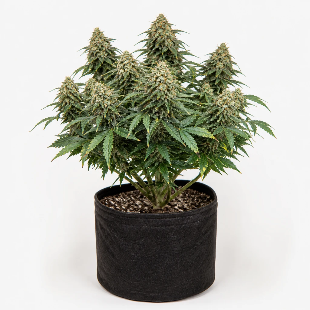 Ilustración de una planta de cannabis en maceta negra, con varias flores y hojas verdes, para la ficha de Short Rider Auto.
