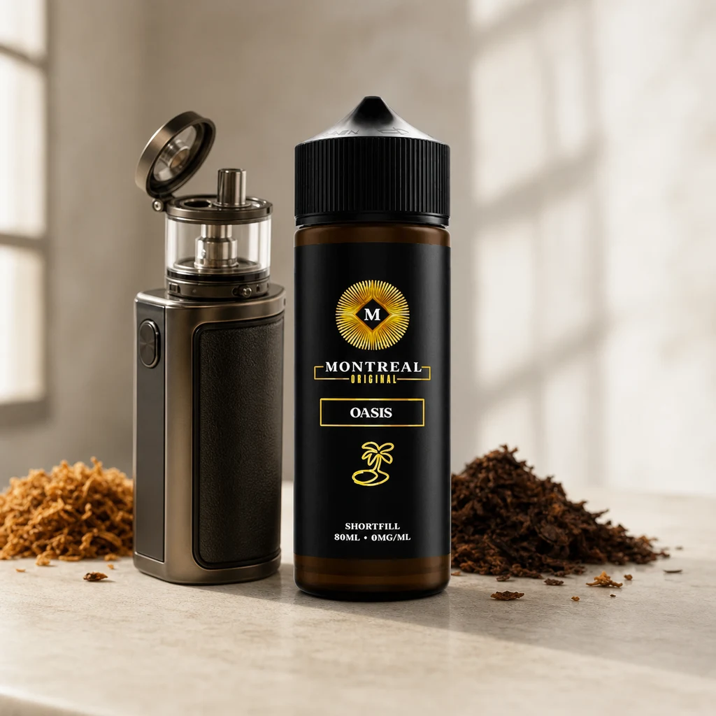 Botella Montreal Original Oasis con etiqueta Shortfill de 80 ml y 0 mg/ml, junto a un vapeador con tapa abierta y montones de tabaco.