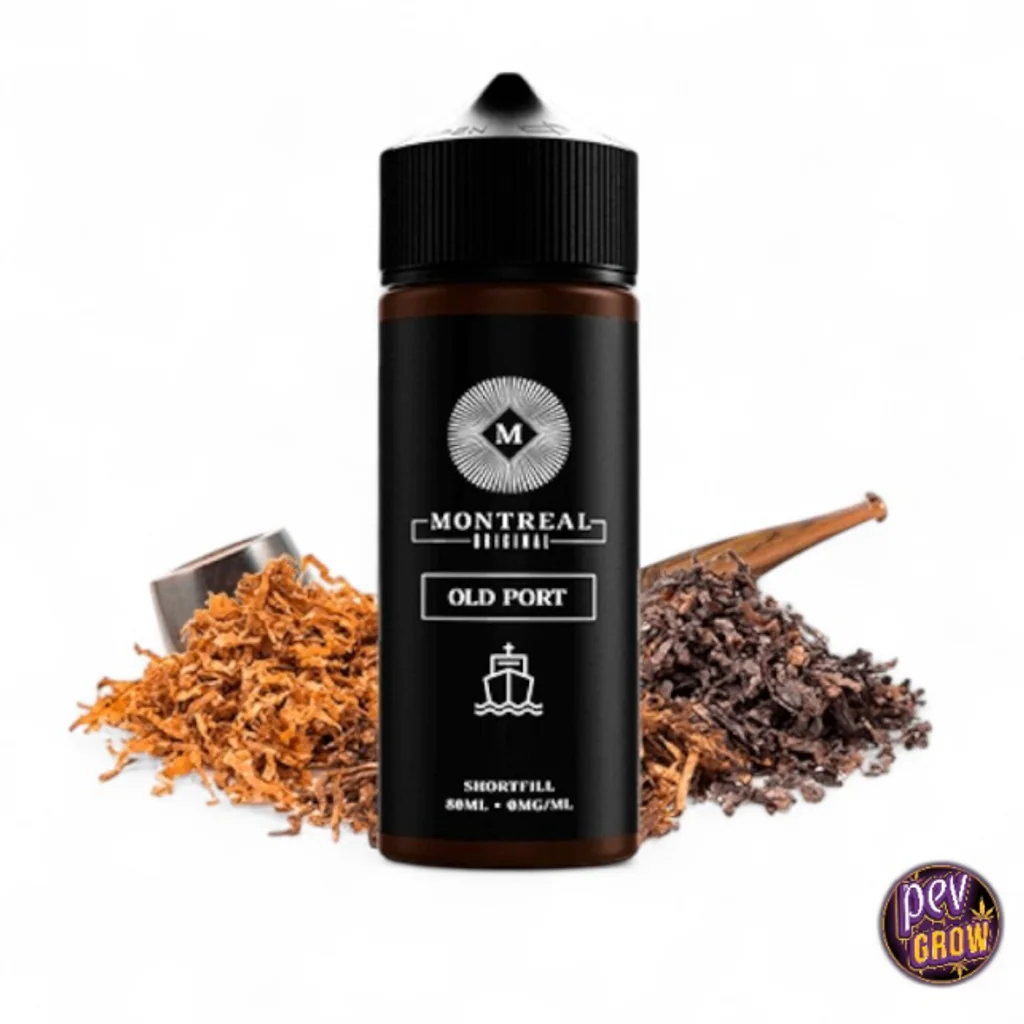 Frasco de Montreal Original Old Port con etiqueta y tapón negros, flanqueado por montones de tabaco y una pipa sobre fondo blanco.