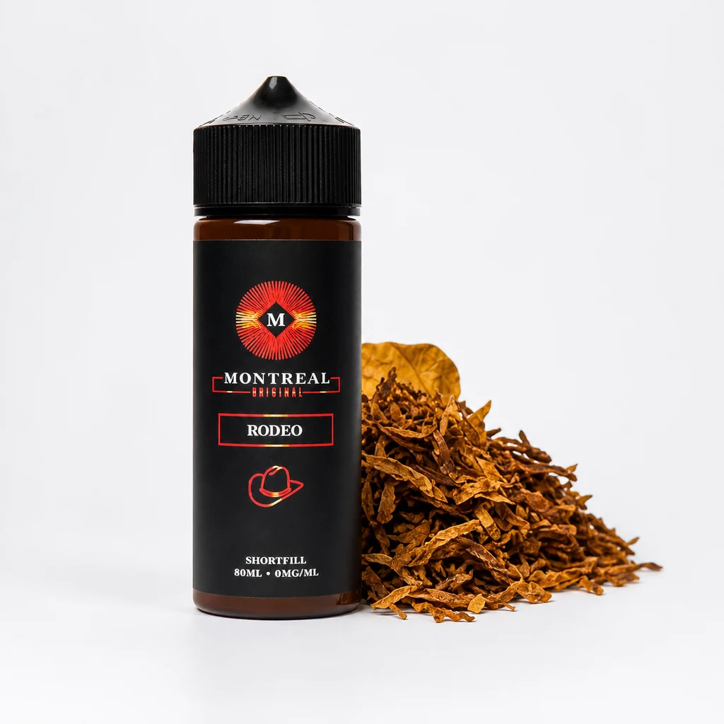 Escena generada con un bote Montreal Original Rodeo de etiqueta negra y roja junto a un montón de hojas de tabaco cortadas.
