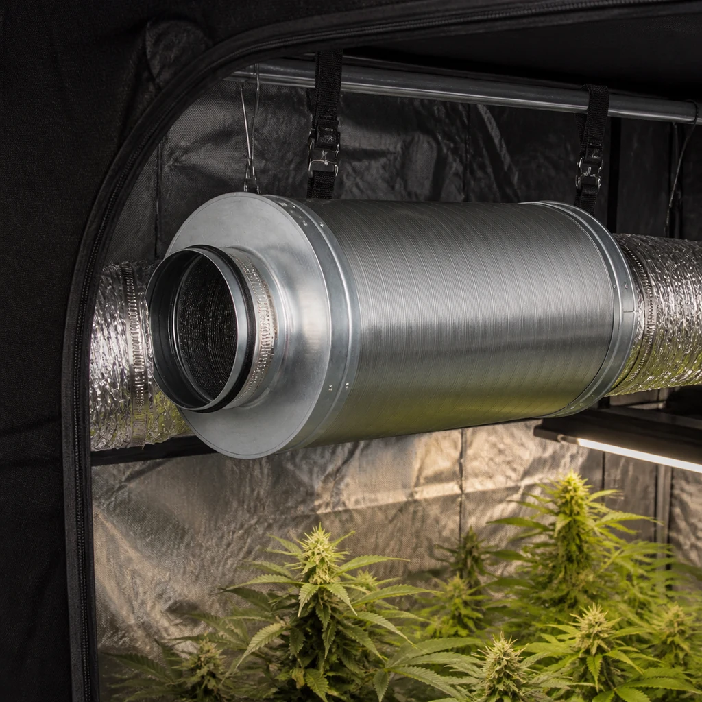 Silenciador cilíndrico plateado suspendido con correas y conectado a conductos en un armario de cultivo, sobre plantas de cannabis.