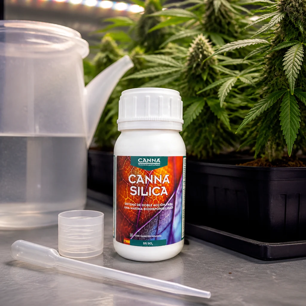 Bote blanco de CANNA Silica junto a una jarra con agua, un vaso dosificador y una pipeta, con plantas de cannabis al fondo. Bote blanco de CANNA Silica junto a una jarra con agua, un vaso dosificador y una pipeta, con plantas de cannabis al fondo.