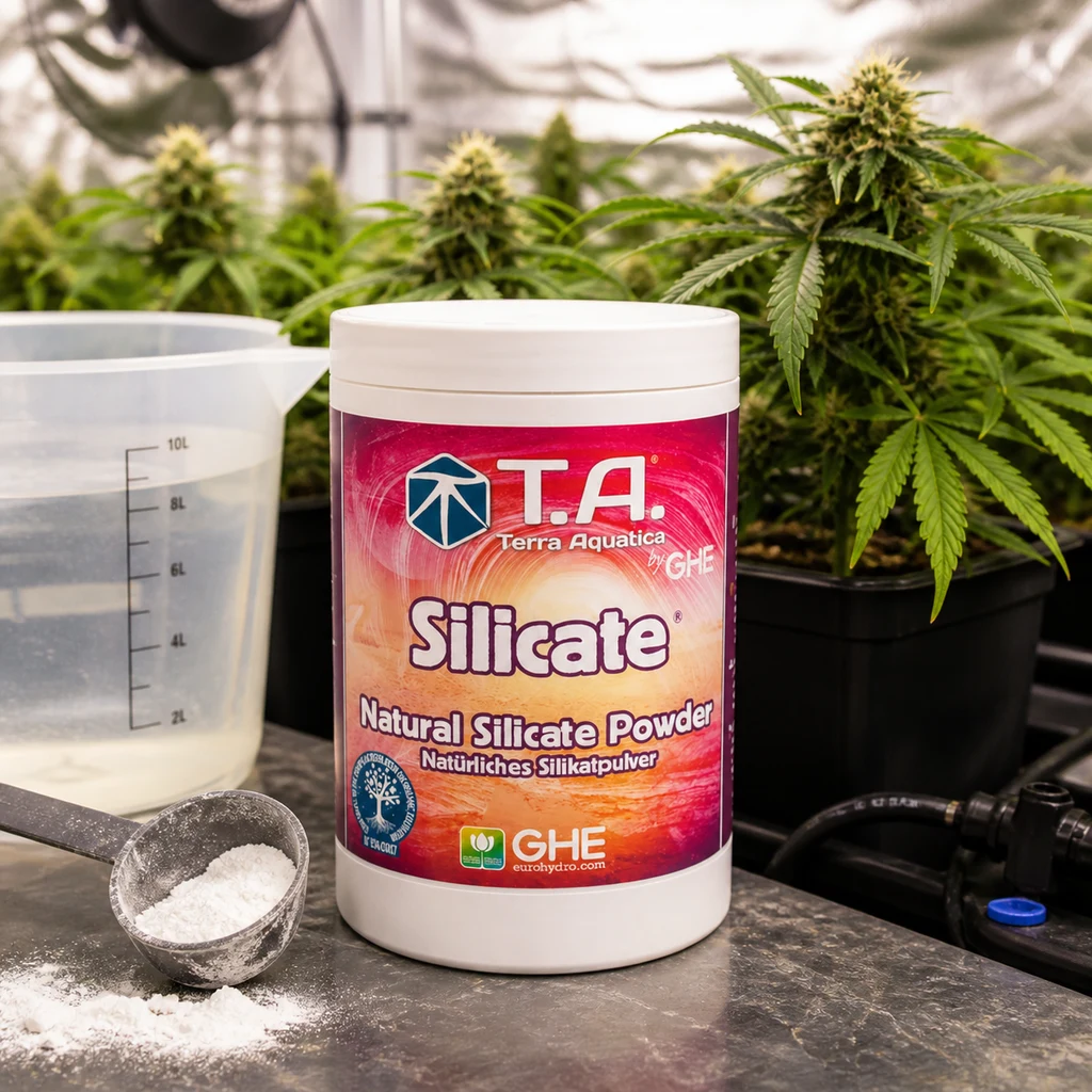 Bote de Silicate de Terra Aquatica GHE junto a una jarra graduada y un cacillo con polvo blanco, con plantas de cannabis al fondo.