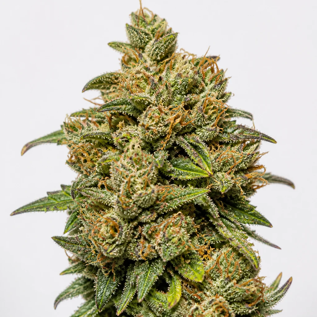 Ilustración de un cogollo alargado con hojas verdes y pistilos anaranjados para la ficha de Silver Haze 9 Feminizada de Sensi Seeds.