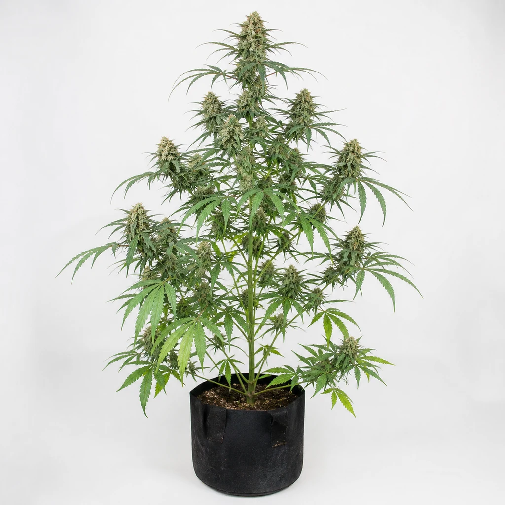 Ilustración de una planta de cannabis alta en maceta negra, con flores alargadas, para la ficha de Silver Haze® Regular de Sensi Seeds.