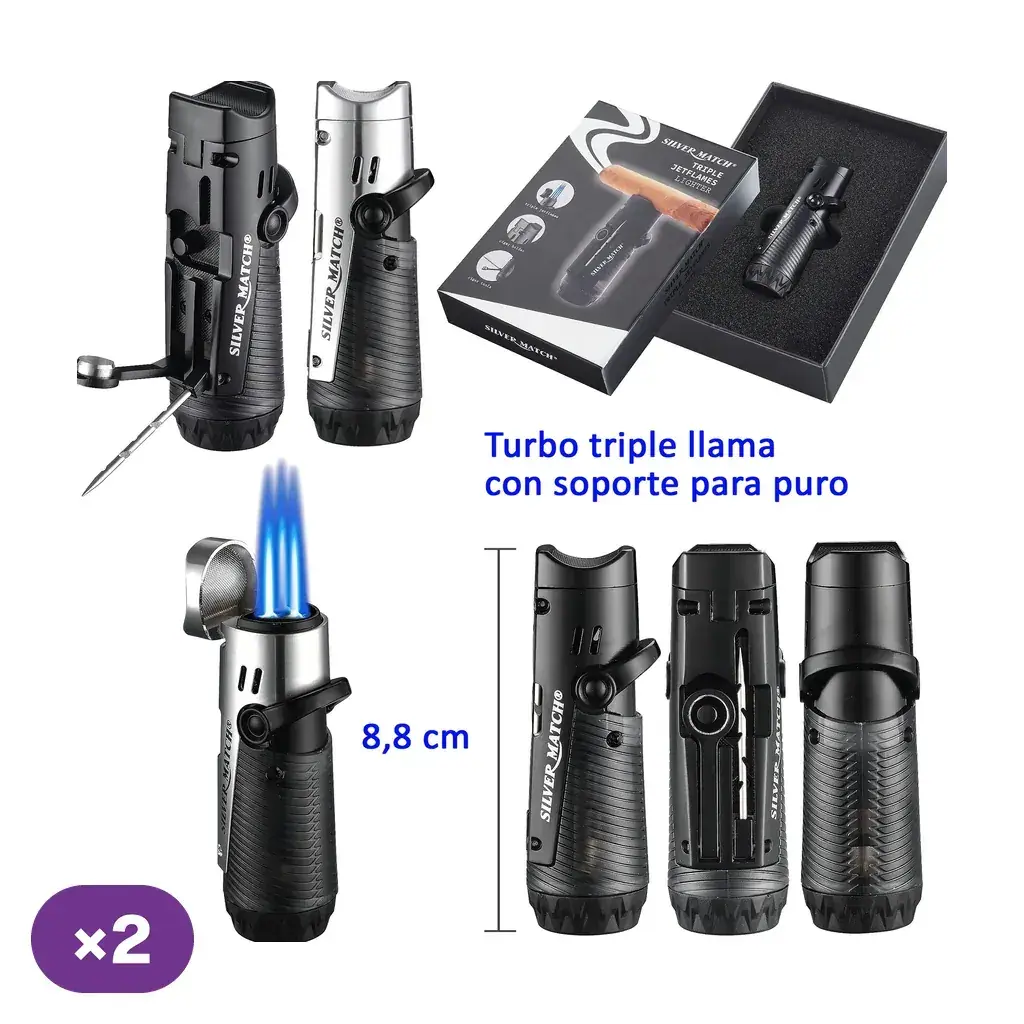 Encendedor Silver Match en acabados negro y plateado, mostrado desde varios ángulos, con triple llama azul, soporte para puro y caja.
