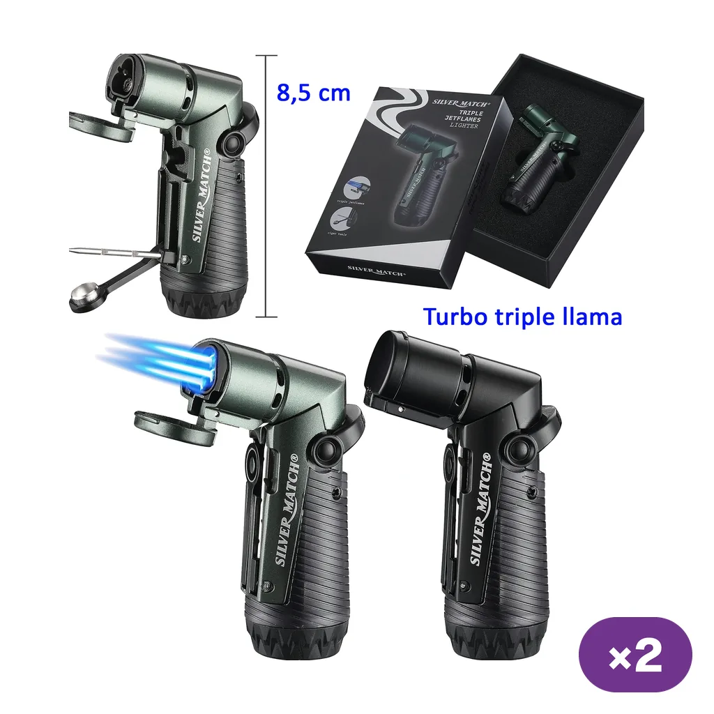 Encendedor Silver Match Skopje en acabados verde oscuro y negro, con vistas de accesorios desplegados, triple llama azul y estuche.
