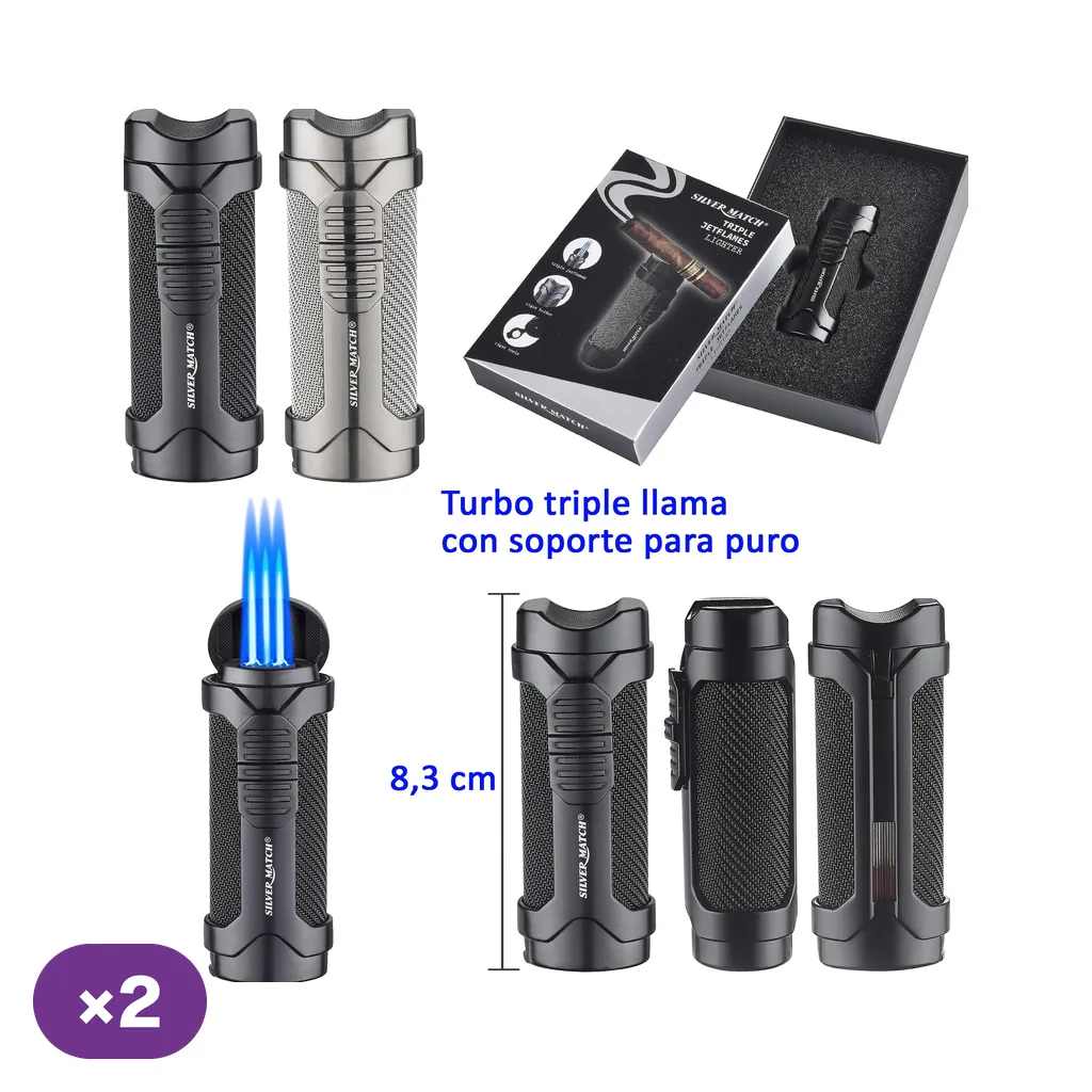 Encendedor Silver Match en acabados negro y plateado, con distintas vistas, estuche y detalle de triple llama azul y soporte para puro.