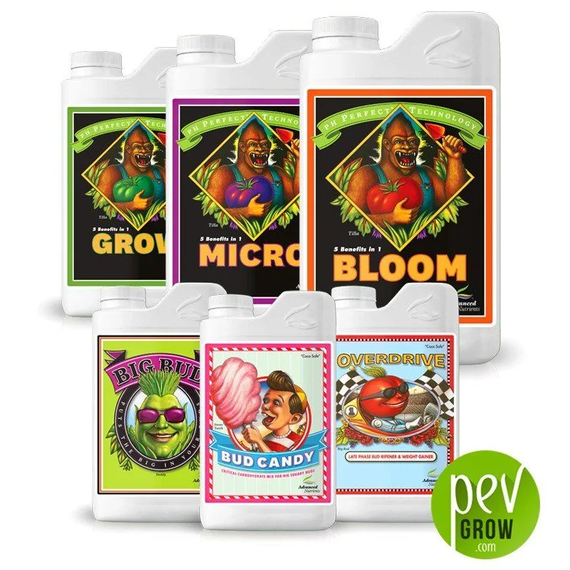 Selección de envases Advanced Nutrients con etiquetas Grow, Micro, Bloom, Big Bud, Bud Candy y Overdrive sobre fondo blanco.