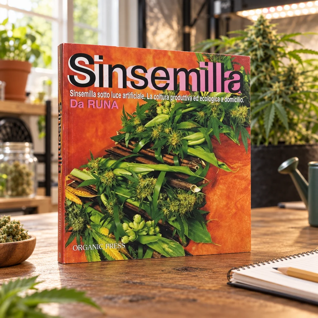 Libro Sinsemilla de pie sobre una mesa, con portada naranja ilustrada con plantas y el nombre de Da Runa, en un entorno de cultivo. Libro Sinsemilla de pie sobre una mesa, con portada naranja ilustrada con plantas y el nombre de Da Runa, en un entorno de cultivo.