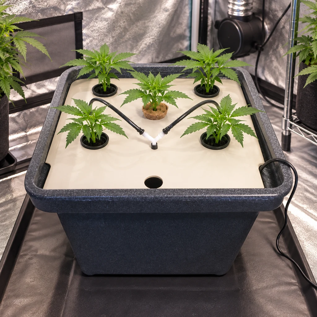 Sistema Aerofarm con depósito oscuro, tapa clara, cinco plantas y tubos negros sobre la cubierta, en un armario de cultivo reflectante.