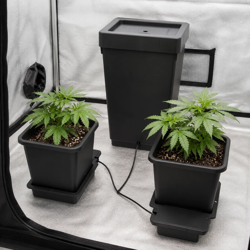 Sistema Autopot con macetas sobre bandejas conectadas por tubos a un depósito negro, con plantas en un armario reflectante.
