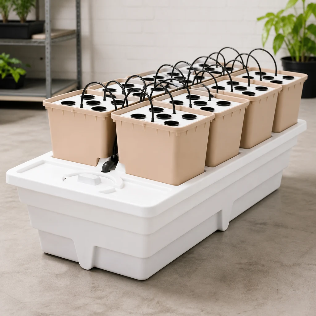 Sistema Panda Aero con varios recipientes beige de tapas perforadas y tubos negros, colocados sobre un depósito blanco rectangular.