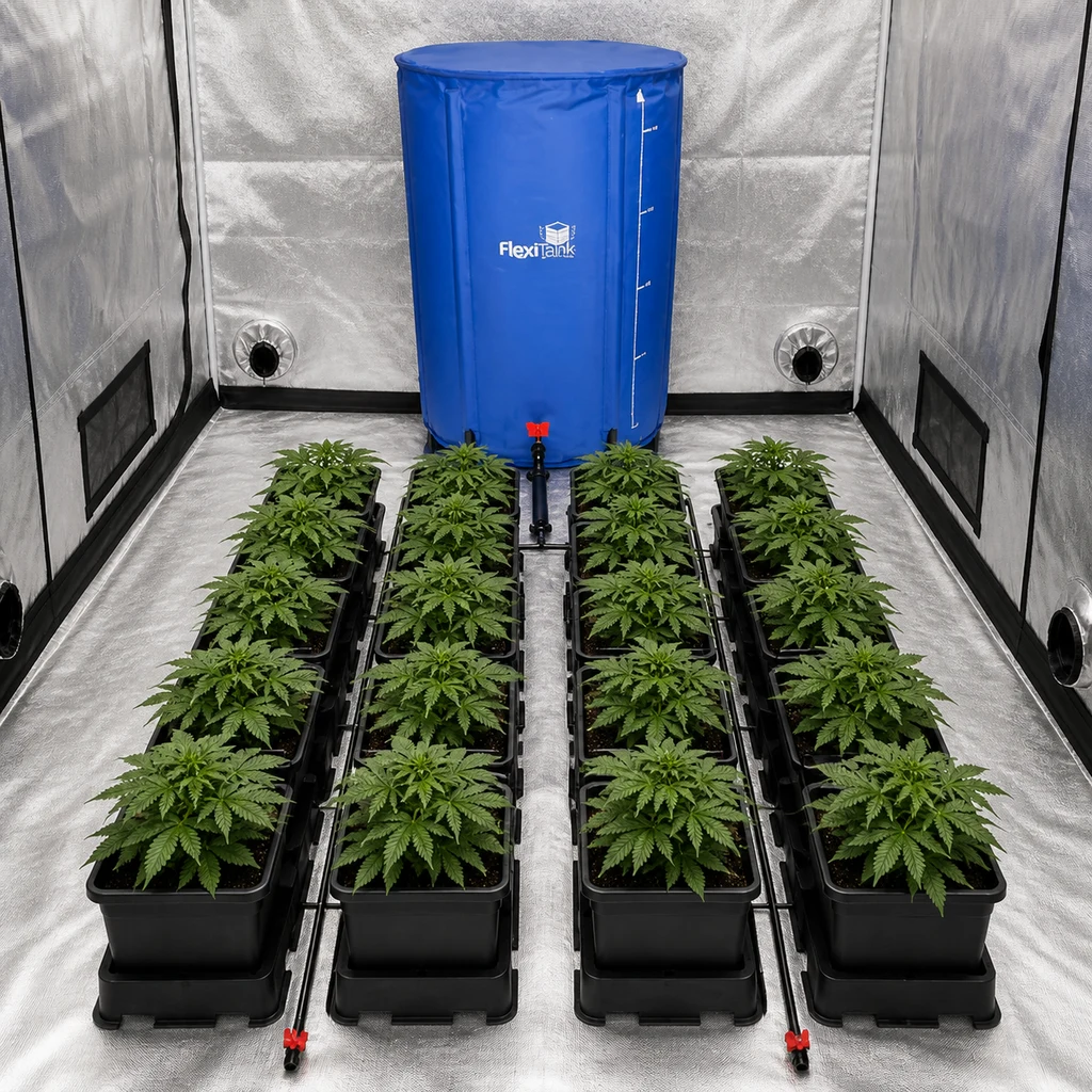Escena generada del sistema AutoPot Easy2Grow con macetas en cuatro filas, tuberías y depósito azul FlexiTank dentro de un armario reflectante.