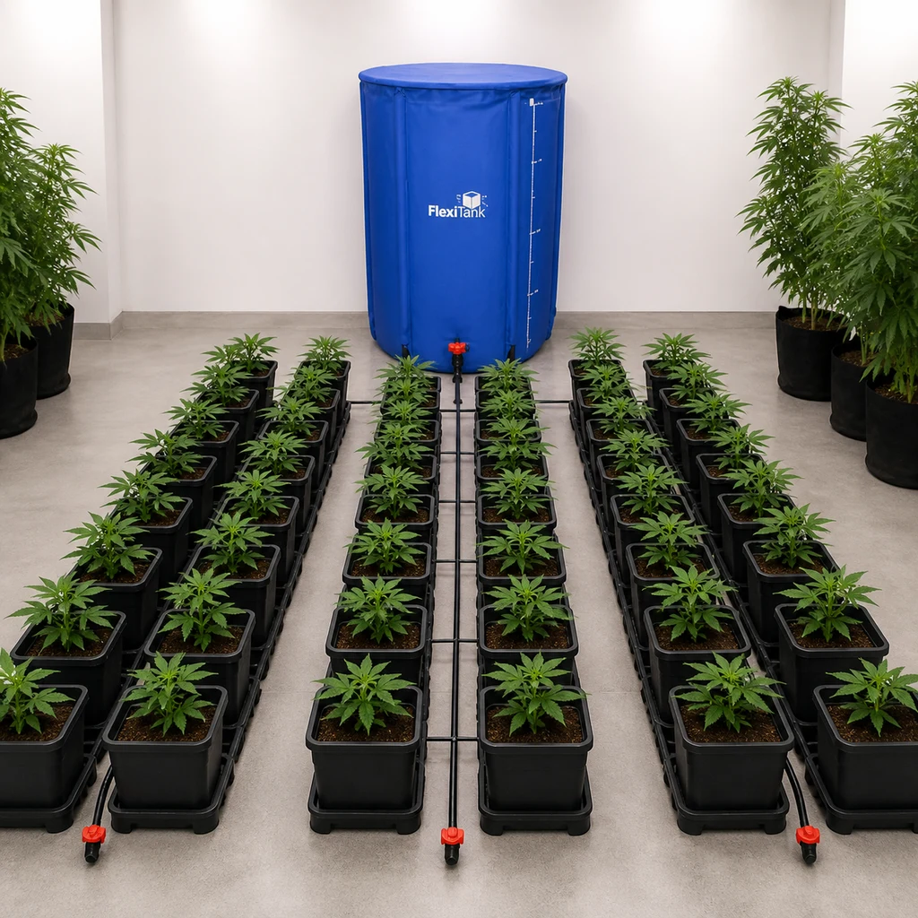Escena generada del Autopot Easy2Grow con macetas negras en filas, plantas y tubos conectados a un depósito Flexi-Tank azul.