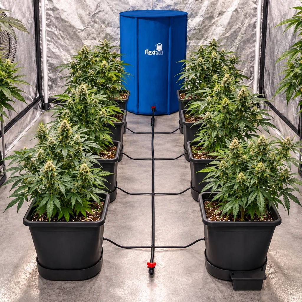 Sistema Autopot con macetas negras y plantas en dos filas, conectadas mediante tubos a un depósito azul dentro de un armario reflectante.