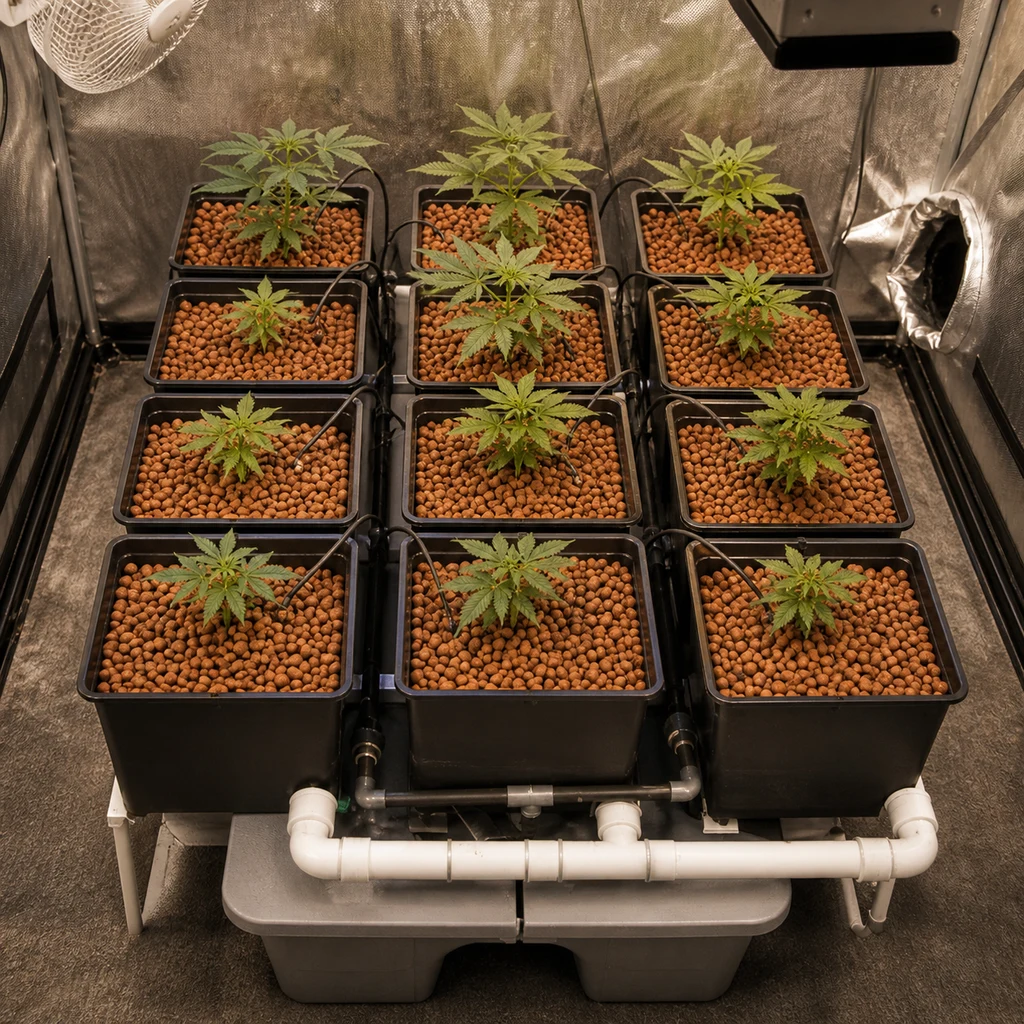 Sistema hidropónico en armario reflectante con doce macetas de plantas jóvenes sobre bolas de arcilla, tuberías y depósito inferior.