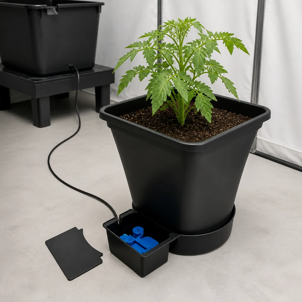 Módulo AutoPot 1Pot XL con planta en maceta negra y bandeja, compartimento abierto con piezas azules y tubo conectado.