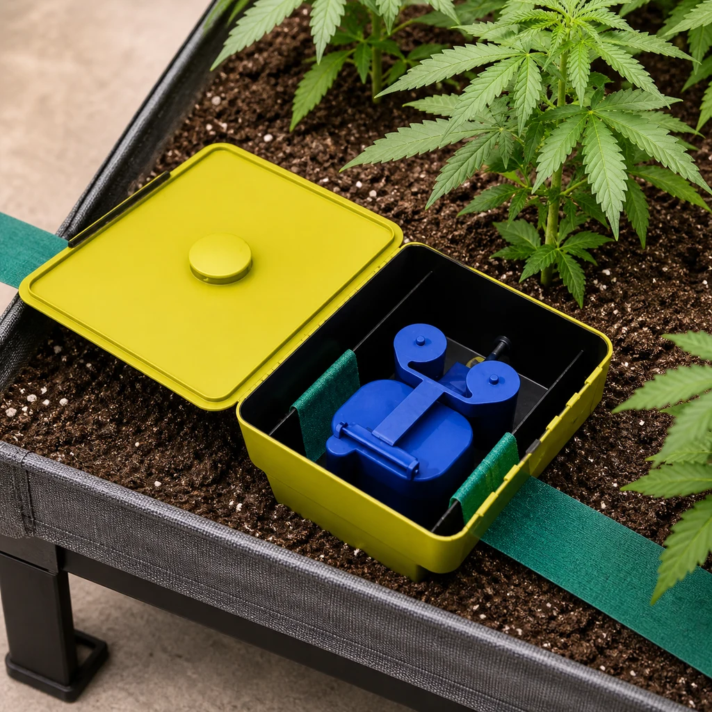 Aquabox Straight Autopot abierto sobre tierra, con caja amarilla, mecanismo azul y bandas verdes entre plantas de cannabis.