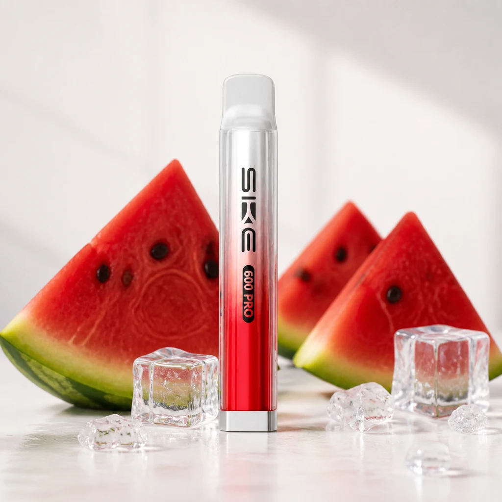 Dispositivo alargado SKE 600 PRO con cuerpo rojo y transparente, rodeado de rodajas de sandía y cubitos de hielo.