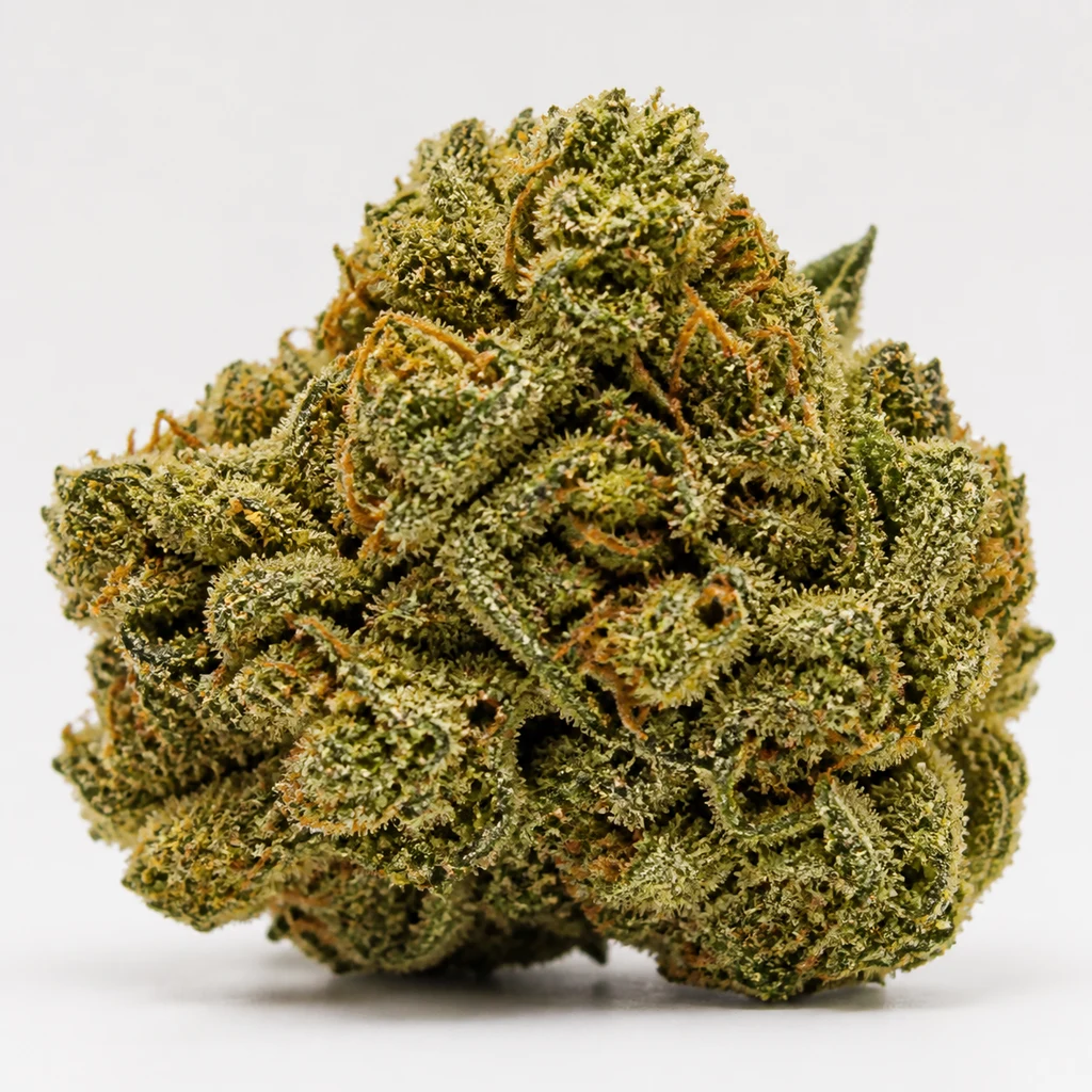 Ilustración de un cogollo compacto verde con filamentos naranjas y superficie de aspecto cristalino para la ficha de Skunk Auto de PEV Seeds.