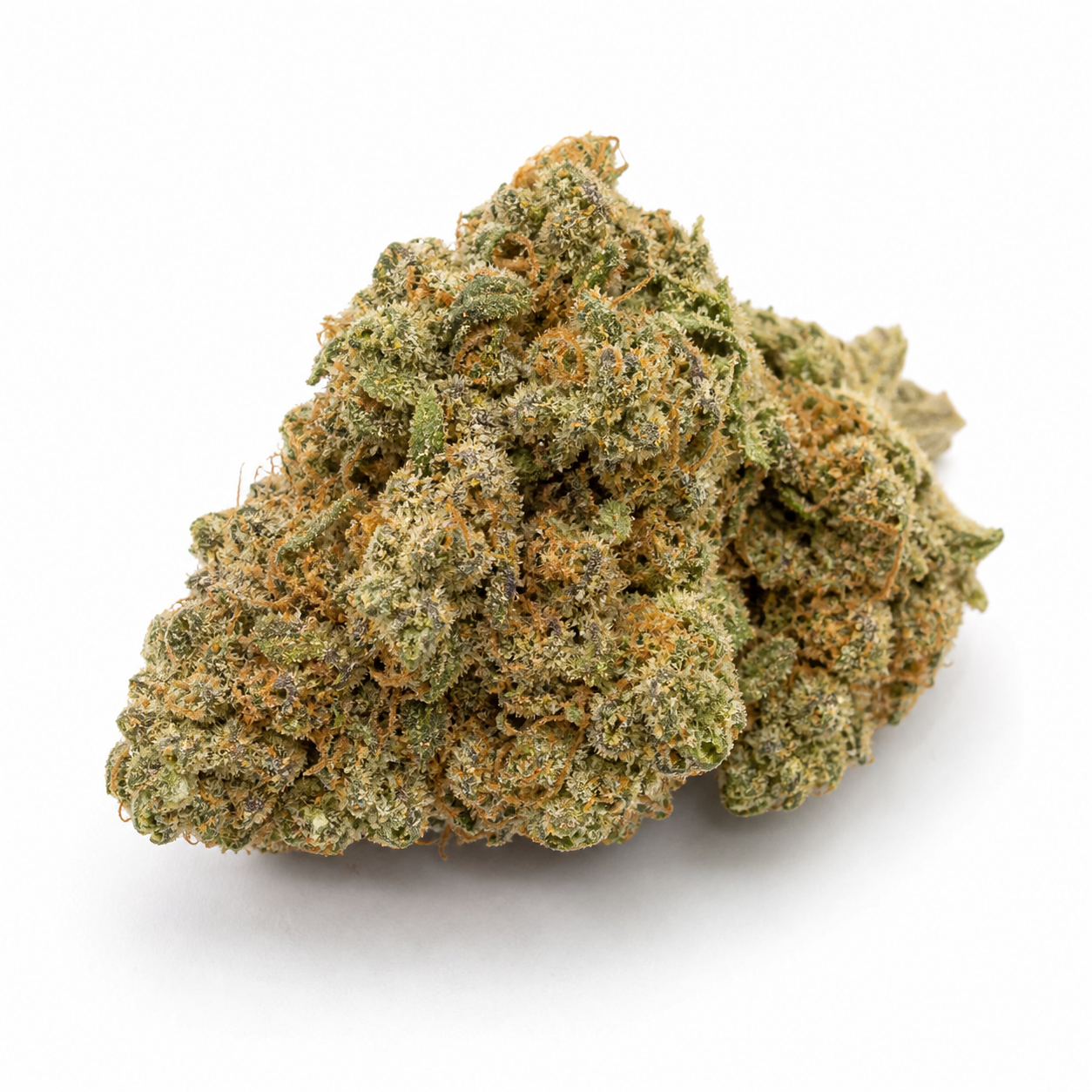 Cogollo de Skunky Monkey Auto de Heavyweight Seeds, verde con filamentos anaranjados y superficie cubierta de tricomas, sobre fondo blanco.
