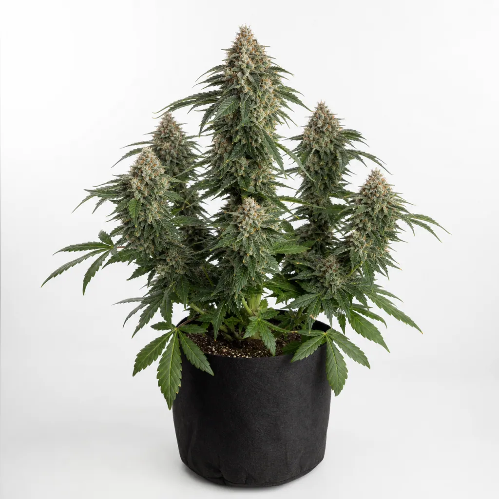 Planta Skunky Monkey Auto en floración, con varios cogollos alargados y hojas verdes, en maceta textil negra sobre fondo blanco.