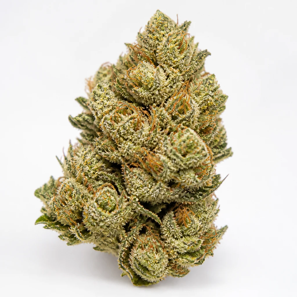Ilustración de un cogollo verde con filamentos anaranjados y superficie blanquecina para la ficha de Skywalker Haze Auto de Dutch Passion.