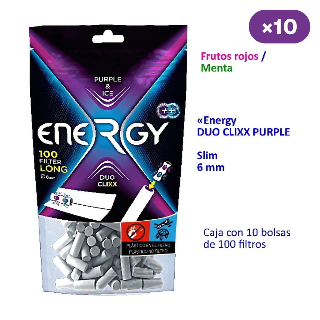 Bolsa de filtros Energy Duo Clixx Purple con ventana transparente y texto lateral que indica frutos rojos y menta, y caja de 10 bolsas de 100 filtros. Bolsa de filtros Energy Duo Clixx Purple con ventana transparente y texto lateral que indica frutos rojos y menta, y caja de 10 bolsas de 100 filtros.