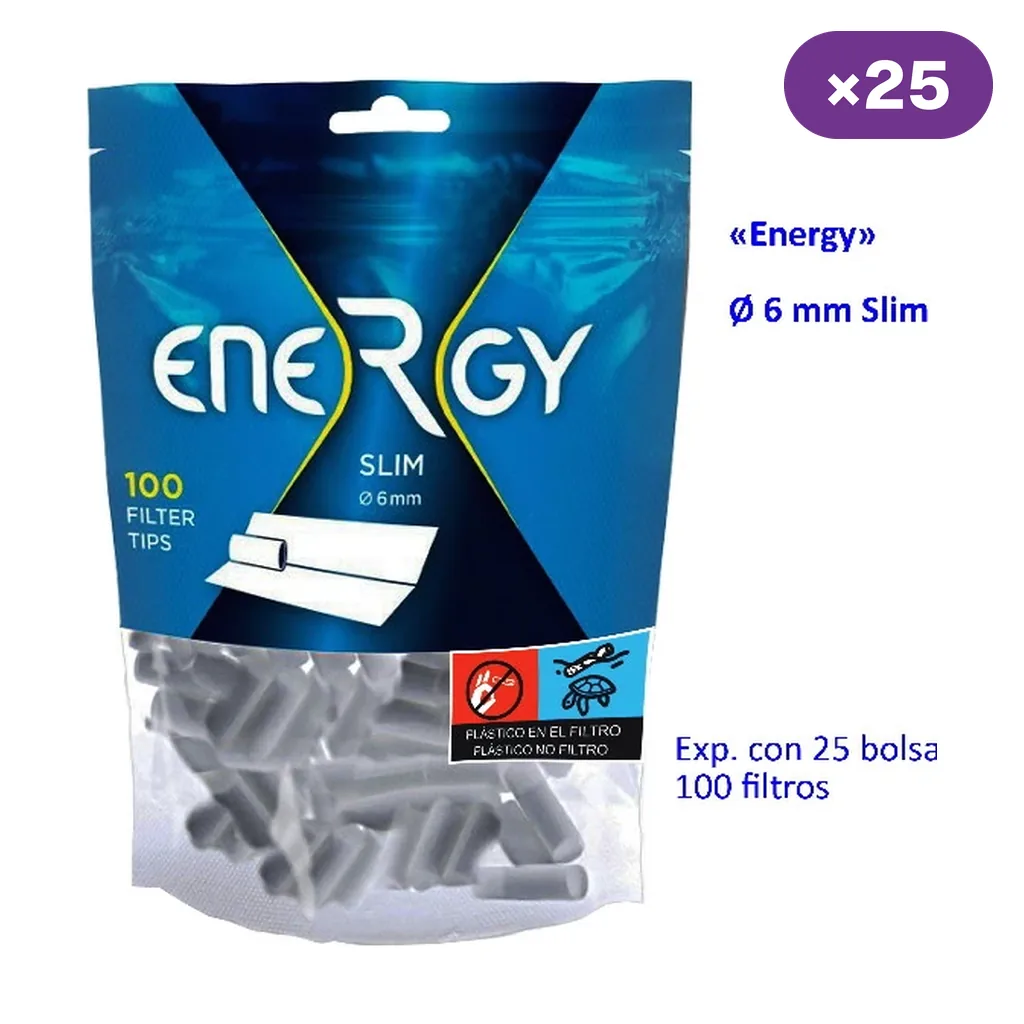 Bolsa azul de filtros Energy Slim de 6 mm, con ventana que muestra los filtros blancos y rótulos de 100 filtros por bolsa y 25 bolsas. Bolsa azul de filtros Energy Slim de 6 mm, con ventana que muestra los filtros blancos y rótulos de 100 filtros por bolsa y 25 bolsas.