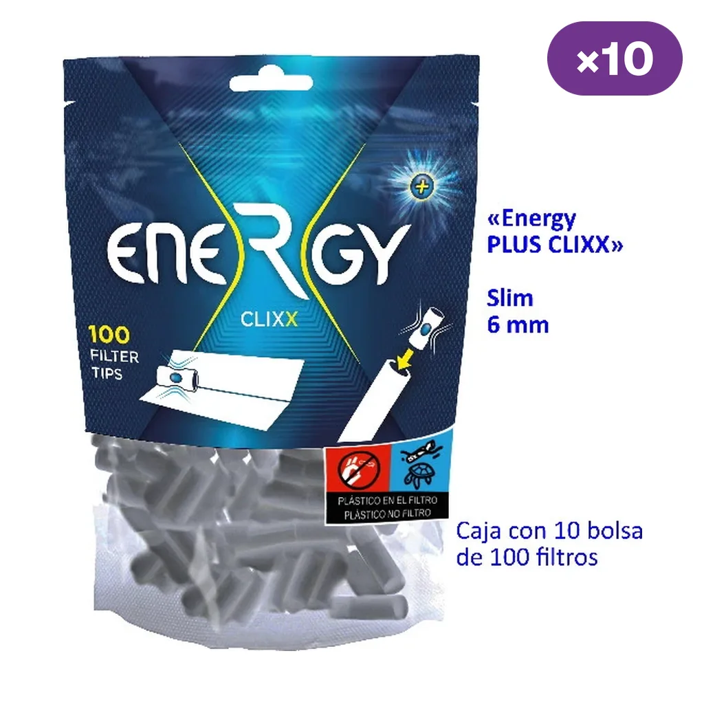 Bolsa Energy Plus Clixx con filtros visibles y rótulos Slim 6 mm, 100 filtros por bolsa y caja de 10 bolsas. Bolsa Energy Plus Clixx con filtros visibles y rótulos Slim 6 mm, 100 filtros por bolsa y caja de 10 bolsas.