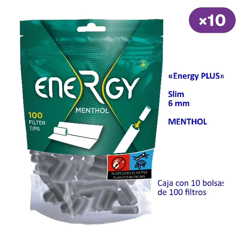 Bolsa verde de filtros Energy Plus Menthol con ventana transparente y rótulos Slim 6 mm, 100 filtros y caja de 10 bolsas. Bolsa verde de filtros Energy Plus Menthol con ventana transparente y rótulos Slim 6 mm, 100 filtros y caja de 10 bolsas.