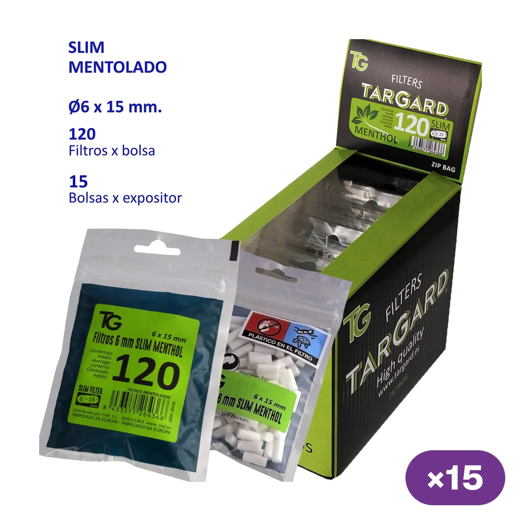 Expositor verde y negro de filtros Tar Gard Menthol Slim, con dos bolsas delante y textos que indican 120 filtros por bolsa y 15 bolsas. Expositor verde y negro de filtros Tar Gard Menthol Slim, con dos bolsas delante y textos que indican 120 filtros por bolsa y 15 bolsas.