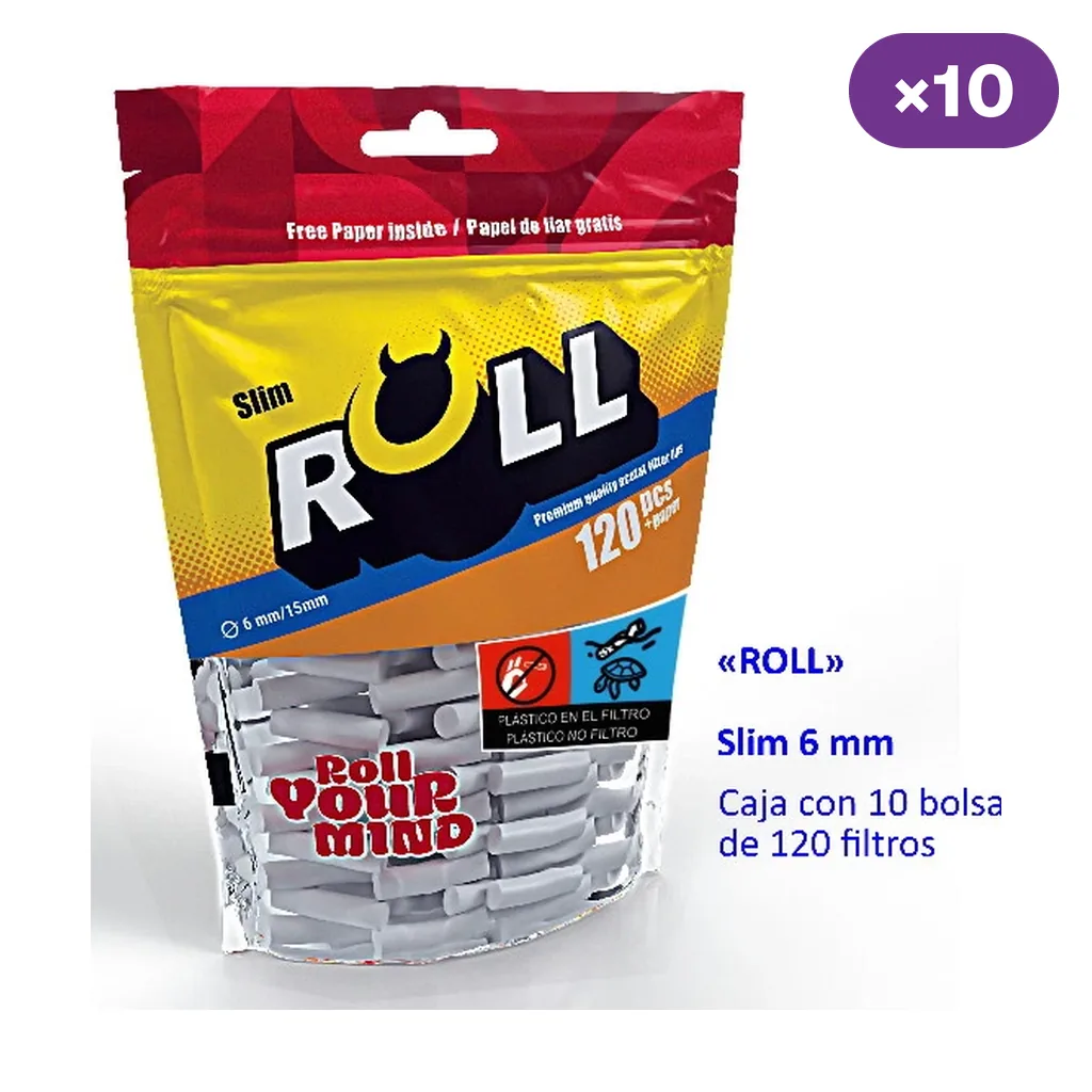 Bolsa de filtros Roll Slim con envase rojo y amarillo y ventana transparente; indica 6 mm, 120 filtros y caja de 10 bolsas. Bolsa de filtros Roll Slim con envase rojo y amarillo y ventana transparente; indica 6 mm, 120 filtros y caja de 10 bolsas.