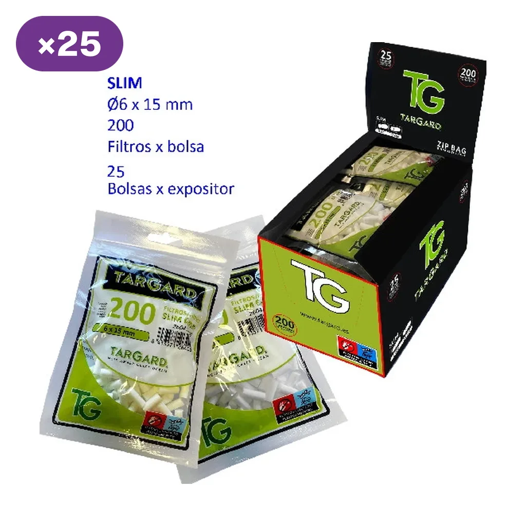 Expositor negro y verde Tar Gard con bolsas de filtros Slim; los rótulos indican 200 filtros por bolsa y 25 bolsas por expositor. Expositor negro y verde Tar Gard con bolsas de filtros Slim; los rótulos indican 200 filtros por bolsa y 25 bolsas por expositor.