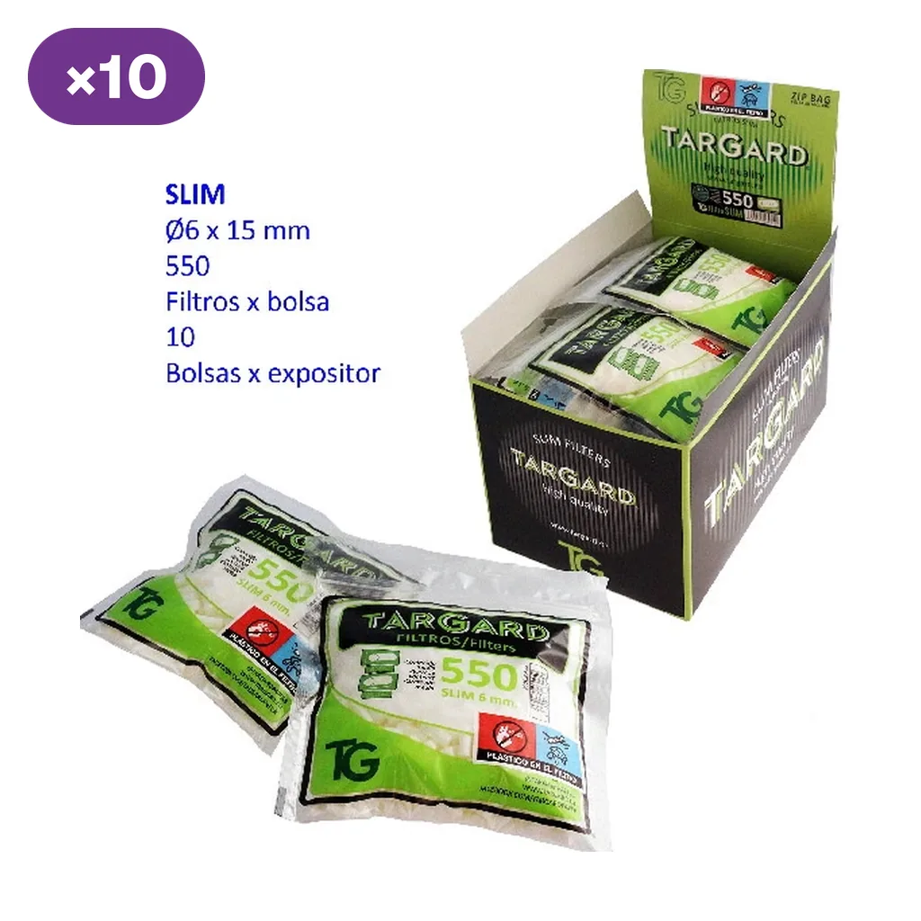 Expositor de filtros Tar Gard Slim con bolsas verdes y blancas de 550 unidades y distintivo de caja de 10 bolsas.