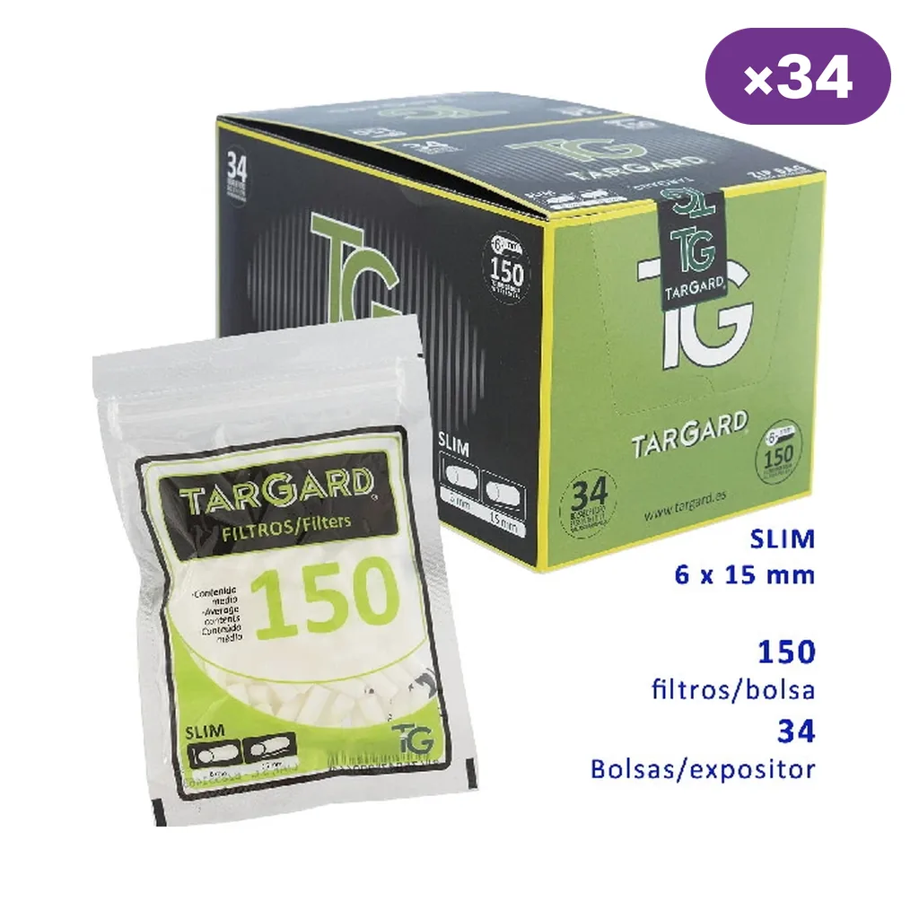 Bolsa de filtros Tar Gard Slim delante de su caja expositora, con rótulos de 150 filtros por bolsa y 34 bolsas por expositor. Bolsa de filtros Tar Gard Slim delante de su caja expositora, con rótulos de 150 filtros por bolsa y 34 bolsas por expositor.