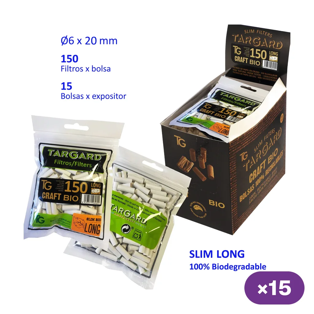 Bolsas de filtros blancos Tar Gard Slim Bio Craft Long junto a su caja expositora; se indican 150 filtros por bolsa y 15 bolsas. Bolsas de filtros blancos Tar Gard Slim Bio Craft Long junto a su caja expositora; se indican 150 filtros por bolsa y 15 bolsas.