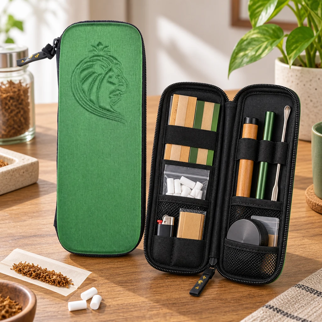 Pitillera organizadora verde, cerrada y abierta, con interior negro, bandas y bolsillos para papel, filtros y accesorios sobre una mesa.