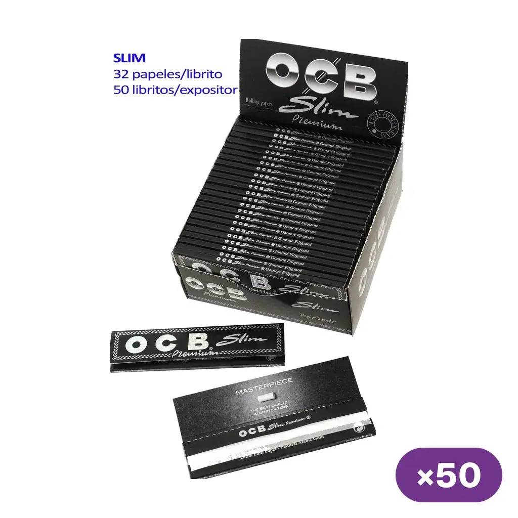 Expositor de papel de liar OCB Slim Premium con libritos negros, uno abierto; el texto indica 32 papeles por librito y 50 libritos.