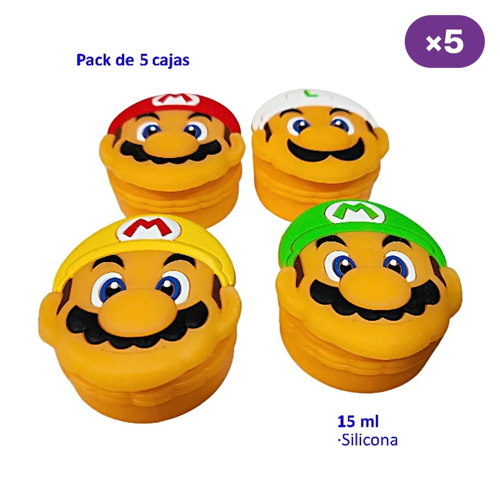 Selección de botes con forma de cara de Mario, bigote negro y tapas con gorras en rojo, blanco, amarillo y verde.