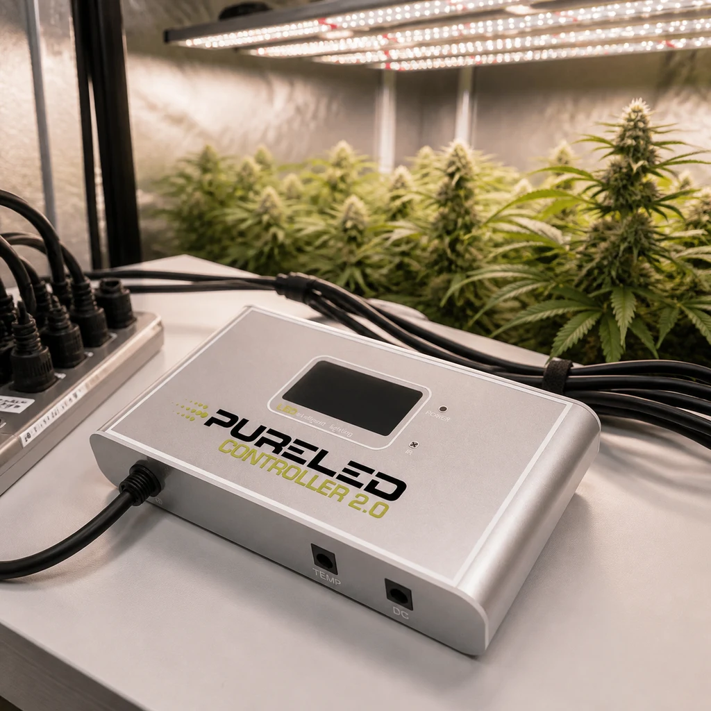 Escena generada del controlador Pure LED 2.0 con pantalla y cables, frente a plantas bajo paneles de iluminación.