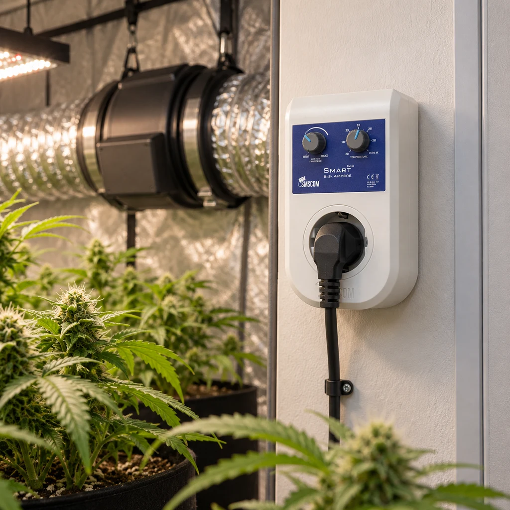 Controlador SMSCOM blanco montado en una pared, con dos mandos y un enchufe conectado, junto a plantas y un conducto de ventilación.