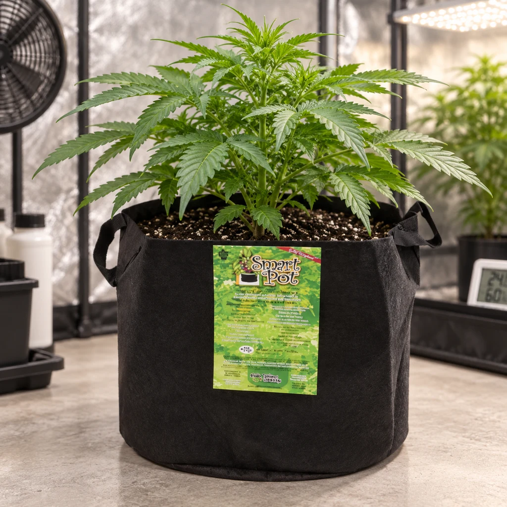 Maceta negra Smart Pot con asas y etiqueta verde, con una planta de cannabis en un espacio interior con ventilador y luz de cultivo.
